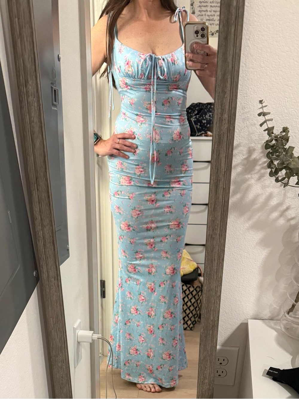 Light Blue Floral Tie-Strap Maxi Dress Bows
